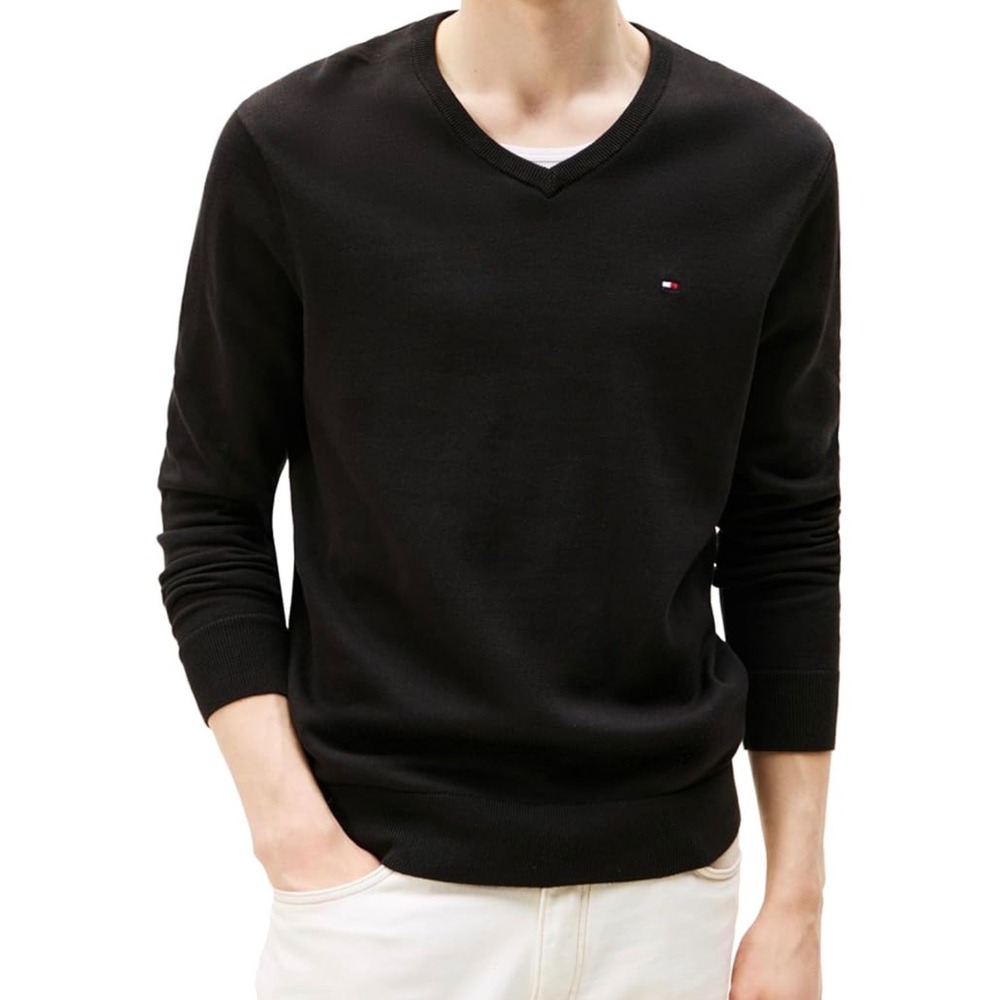 Tommy Hilfiger Men's Black Essential Cotton V Neck Sweater XL Out of Stock - Picture 1 of 7
